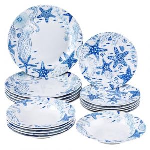 Baroni Home Service d'assiettes de 18 pièces en porcelaine et grès, servi de table colorée pour 6 personnes, assiette creuse, étage, à fruits ou sucrés (étoiles de marine) (Baroni Home, neuf)