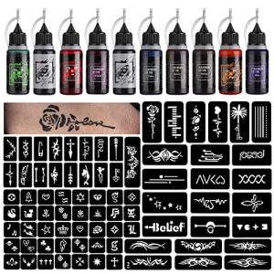 STIGMA Kit de Tatouage Temporaire 10 Bouteilles d'Encres de Couleur, Kit de 84 Pochoirs pour Peinture Corporelle, (Noir * 2, Cyan, Rouge, Vert, Bleu, Violet, Marron * 2, Orange) (STIGMA TATTOO, neuf)
