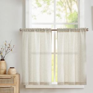 Vangao Lot de 2 Rideaux Brise-bise en Lin Beige avec Cordon de Serrage pour Porte de Balcon, Caravane, Style Maison de Campagne, Ferme, Courts, Semi-Transparents, 65 x 115 cm (l x H) (Hangzhou Fangao, neuf)