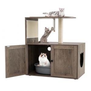COSTWAY Meuble Litiere Chat en Bois, Cache Litiere Chat, Tapis et Poteaux à Griffer en Sisal, 3 Trous Ventilés, Kit Anti-basculement, Arbre a Chaton avec Litiere Intégrée, 80 x 45 x 87,5 cm, Gris (FDS GmbH, neuf)