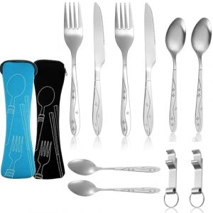 2 Pièces Couverts En Acier Inoxydable Avec Sac Ensemble De Couverts Transportables Cou verts De Camping En Acier Inoxydable Voyage Ensemble Cou verts Pour Le Camping,Les Écoles Et La Restauration (YARUJING, neuf)