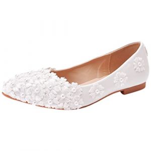 Jamron Femme Élégant Bout Pointu Fleur Perles Chaussures de Mariée Escarpins Semelle Souple Ballerines Blanc SN070435 EU38.5 (No.7 Fashion House, neuf)