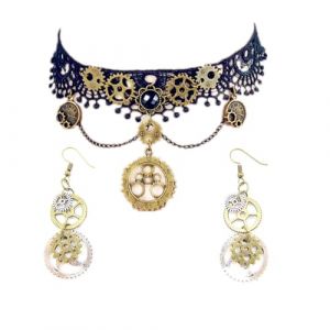 JinYu Ensemble collier ras du cou et boucles d'oreilles steampunk pour Halloween Punk Costume de Steampunk R&eacute;tro Gear Clock Cog Femme Gothique Dentelle Noir Colliers Halloween Lolita Victorian (JinYu Online-EU, neuf)