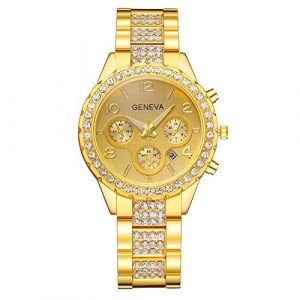 Montre pour Femme &agrave; Mouvement Chronographe avec Bracelet en Acier Inoxydable, Montre De Bling Rond Cristal Strass Montres &agrave; Diamants en Acier Inoxydable Bande De M&eacute;Tal Cadeau (⭐⭐⭐⭐⭐5.0 Zhiyao, neuf)