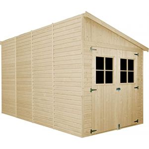 Abri de Jardin en Bois Naturel(avec paroi lat&eacute;rale) - Stockage ext&eacute;rieur avec fen&ecirc;tres-H244x218x416 cm/8 m2, Hangar en Bois Naturel - Atelier Rangement Outils et v&eacute;los- TIMBELA M340A (TIMBELA&KO, neuf)