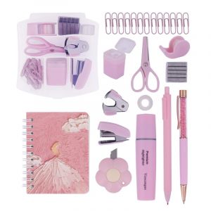Mini kit de fournitures de bureau comprenant une agrafeuse, un dévidoir d'agrafes, des trombones, des ciseaux, un surligneur, un petit stylo à bille télescopique pour bureau et école – Couleur (freelong, neuf)