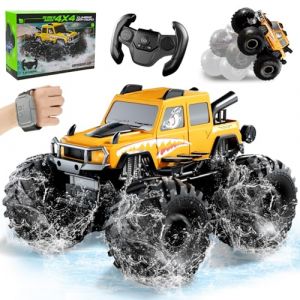 Toyzy Voiture T&eacute;l&eacute;command&eacute;e Tout Terrain Amphibie, 4WD Voiture Stunt Tout-Terrain 360&deg;Rotation &Eacute;tanche Double C&ocirc;t&eacute; Monster Truck Jouet Enfant 6-12 Ans pour Sable, Eau, Jardin(Jaune) (bayinet, neuf)