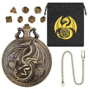 Steampunk Dragon Ail&eacute; Coquille de Montre de Poche, Lot de Mini D&eacute;s DND, 7 Pi&egrave;ces D&eacute;s D&D en M&eacute;tal Poly&eacute;drique, Sac Cadeau DND avec Logo Dragon, Accessoires de Jeux de Soci&eacute;t&eacute; et Jeu de R&ocirc;le, Bronze (Keller Weber, neuf)