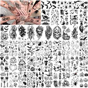 HOWAF Tatouage Halloween Tatouages Temporaires 3D Noir Tatouage Ephemere Halloween Araignée Chauve Souris Crâne Faux Tatouages Éphémère pour Homme Femme Enfants Halloween Maquillage Déguisement (Lipmok-eu, neuf)