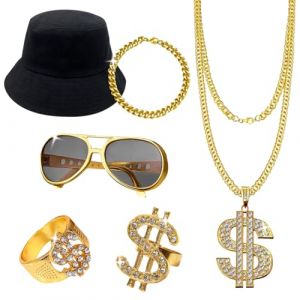 Kit de Costume Hip Hop, 80s 90s Accessoires de Rappeur, Costume Hip Hop Ensemble , Casquette de P&ecirc;cheur, Lunettes de Soleil, Collier en Dollars, Bague, BraceletPour Cosplay, Halloween, Carnaval (EXPERT COMMERCE RETAIL S.R.L., neuf)