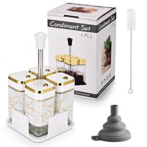 Miorkly 2 Pots à épices carrés Avec Couvercle Rotatif Blanc + 2 Bouteilles d'huile d'olive en Verre avec Socle - set sel et Poivre vinaigre huile - set épices (KMJ OMAGH LTD, neuf)