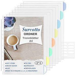 Intercalaires avec onglets, intercalaires Surcotto pour classeur A4, onglets inscriptibles transparents, 11 perforations euro universelles, 4 ensembles (8 feuilles par lot) (Surcotto, neuf)