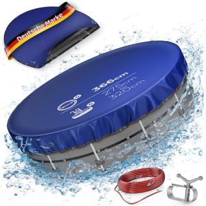 Bâche de piscine 200 g/m3 – Bâche de piscine 2 en 1, traitée contre les UV, bâche ronde réversible (noir/bleu), avec câble en acier de 3 mm et tendeur de câble, bords renforcés (Ø 366 cm) (IVEUM-COMMERCE, neuf)