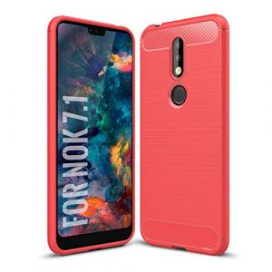 SCL Coque pour Nokia 7.1 Coque pour Nokia 7.1 Coque, Texture en Fibre de Carbone Brossée, Technologie Anti-Rayures et D'absorption de Chocs - Rouge (Filber-FR, neuf)