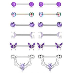 Kakonia 6 Paires Piercing Téton Mamelon pour Femmes en Acier Inoxydable 316L Coeur Papillon Lune CZ Fleur Barbell de Téton Ensemble Mignon Piercing Mamelon Bijoux (Kakonia, neuf)