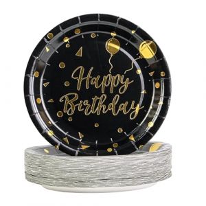 DHAIQC Lot de 50 Assiette Jetable Or Noir 17,8 cm, Kit Vaisselle Jetable Anniversaire Assiette Carton pour Barbecue Anniversaire ou Fête Baby Shower Mariages (Noir) (xinjuezhuangshi, neuf)