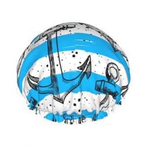 Bonnet de douche réutilisable pour femmes, motif ancre, bonnet de bain dessiné à la main, double couche, imperméable, protecteur de cheveux, bande élastique réglable, chapeau de douche pour la maison, (Qingchede77Stro, neuf)