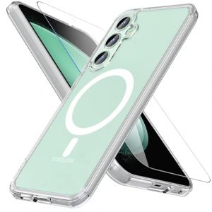 OWKEY Coque pour Samsung Galaxy S23 FE 5G,Compatible avec MagSafe avec Verre Trempé,[Protection Militaire] Magnétique Coque Samsung S23 FE Étui Arrière Housse Fine Antichoc Case pour S23 FE, Clear (Taohua-UK, neuf)