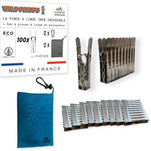 Wild PinUps: 100 Pinces à Linge Inox Incassables Pincinox avec Panier Pince à Linge et Mousqueton. Pour Buanderie, Fil à linge, séchoir à linge. l'Epingle a Linge solide, durable à vie, Made in France (eTAIL Distribution, neuf)