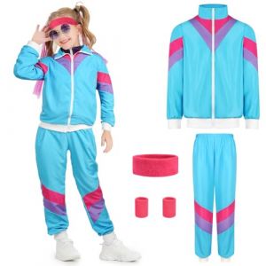 AYBUY Survêtements Rétro Des Années 80 Pour Enfant, Déguisement Année 80 Avec Bandeaux Et Bracelets Pour Fille Garçon Ensembles De Sport Jogging Pour Carnaval Fête Disco Halloween Party,Bleu,L (withchance, neuf)
