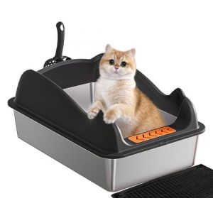 Bac Litiere pour Chat en INOX, Maison de Toilette Chat avec Pelle et Tapis litiere catsan, Bord Haut, Anti-Fuite, Amovibles, Facile &agrave; Nettoyer, pour Chats Adultes, Chatons, Lapins (Natissteke, neuf)