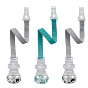 NIP Lot de 3 attache-tétines avec crochet pour tétine avec anneau, bleu pétrole, fabriqués en Allemagne, sans métal, sans BPA (babywaren24, neuf)
