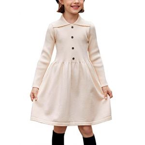 Flypigs Robe d&eacute;contract&eacute;e pour Fille - Robe de f&ecirc;te &eacute;l&eacute;gante &agrave; Manches Longues - Robe tricot&eacute;e Automne-Hiver - Robe Patineuse Unie - Robe de soir&eacute;e trap&egrave;ze - Abricot - 8-9 Ans - 128 134 (Arshiner Store, neuf)