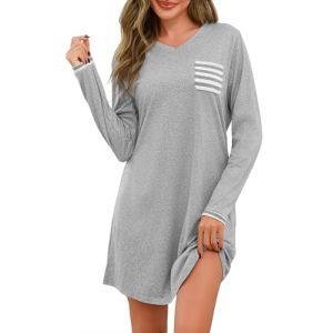Uniexcosm Chemise De Nuit Manche Longue Femme Coton Robe De Nuit Femme Col Rond avec Poche Poitrine Gris Clair L (JingLong-EU, neuf)