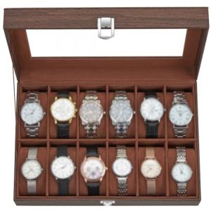 Ohuhu Bo&icirc;te &agrave; Montres &agrave; 12 Emplacements, Coffret &agrave; Montres avec Couvercle en Verre et Coussins Amovibles en Velours, Boite a Montre Homme, Cadeau pour Anniversaire F&ecirc;te des P&egrave;res No&euml;l (TSMART, neuf)