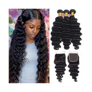 Tissage Naturel Cheveux Tissage de cheveux humains avec fermeture Tissage de cheveux Loose Deep Wave Tissage de cheveux brésiliens avec fermeture en dentelle suisse 4×4 Hair Extension(26 26 26+Closure (huasanzigui, neuf)