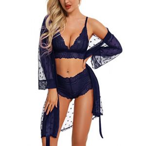 RSLOVE Sexy Lingerie pour Femmes Ensemble de Lingerie en Dentelle avec Peignoir en Maille Ensemble 3 pi&egrave;ces V&ecirc;tements de Nuit Bleu Marine XL (Aybuy, neuf)