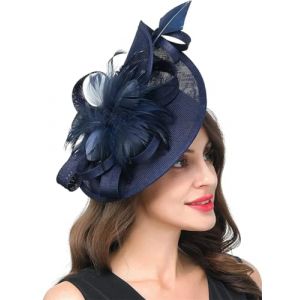 OWEIEYEU Chapeau bibi pour femme pour le thé, le derby, le mariage, les plumes, les fleurs, bleu marine, Taille unique (lanruiyan1649, neuf)