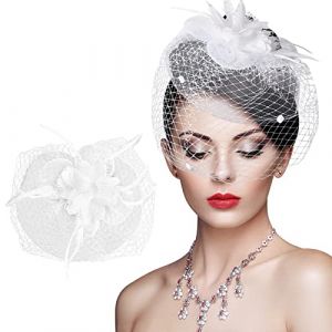 Bibi Serre Tête Mariage, Bibi Chapeau, Fascinator Chapeau, Mariée Vintage Fascinator Hat, Bandeau avec Voilette, Bandeau en Maille de Voile de Plumes pour Fille et Femmes Cocktail Derby (blanc) (coasself, neuf)