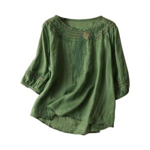 Chemisier Coton et Lin Manches Courtes pour Femme Blouses Ample Col Rond Tunique D'&eacute;t&eacute; Boh&egrave;me Folklore Vintage Broderie Top Hauts L&acirc;che Respirant T-Shirts Grande Taille Pas Cher Tunique Blouse Mode (GUnakd, neuf)