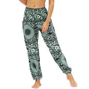 Nuofengkudu Femme Harem Pantalon Sarouel Thaïlandais Hippie Baggy Léger Boho Ethnique Smockée Taille Haute avec Poches Yoga Pants Été Plage(Y-Modèle J,Taille Unique) (better Life, neuf)