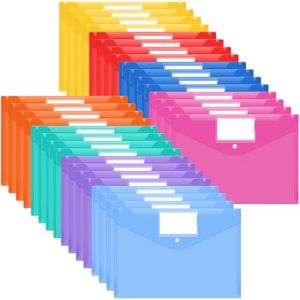 Smarpau Lot de 32 pochettes A4 en plastique transparent avec poche pour &eacute;tiquettes et bouton pour l'&eacute;cole, la maison, le bureau, les voyages (8 couleurs) (XGEN LLC, neuf)