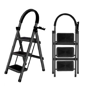 Escabeau Pliable 3/4/5 marches Charge maximale de 150kg Verrouillage de s&eacute;curit&eacute;, p&eacute;dales Larges accoudoirs escabeau escamotable l&eacute;g&egrave;res pour la Maison, Cuisine, Placard et Bureau (Noir-3 marchesm) (jusiZL, neuf)