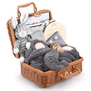 Windeltorte Coffret Cadeau B&eacute;b&eacute; Torte Couches Neutre 9 Pi&egrave;ces - Ensemble Nouveau-n&eacute; avec Lapin Gris Peluche & Hochet Bois - Cadeau Naissance en Bo&icirc;te Bambou pour Fille Gar&ccedil;on F&ecirc;te B&eacute;b&eacute; (SILVER LION Limited, neuf)