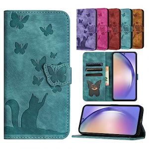 TEDTIKJT Coque pour iPhone 16 6.1" Cover Étuis Cuir PU Housse Flip Cover pour iPhone 16 Magnétique Portefeuille Protection Carte Étuis,Papillon Chat Vert (Chong Ling Technology, neuf)