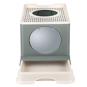 Bac à Litière pour Chat,Grande Maison de Toilette Chat Pliable avec Couvercle,Bac de Tiroir et Pelle à Litière,Portable,WC pour Chats avec Couvercle48*39 * 34 cm-Gris (Hechheu, neuf)