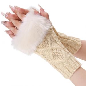 CABODYALS 2 paire de Gants Blancs en Fourrure Sans Doigts Doux et Moelleux en Tricot avec Trou pour le Pouce Beige pour L'Hiver au Crochet Manchettes Mitaines en Fausse Fourrure pour Femme Peinture Ph (CABODYALS, neuf)