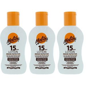 Malibu Lotion écran solaire SPF 15, haute protection, résistante à l'eau, enrichie en vitamines, 100 ml, paquet de 3 (Dayssentials, neuf)