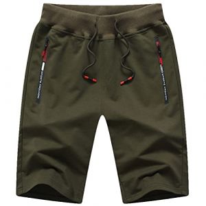JustSun Short Homme Short Sport Coton Summer Running Jogging Short avec Poches Zipp&eacute;es Vert Arm&eacute;e 3XL (JustSun, neuf)