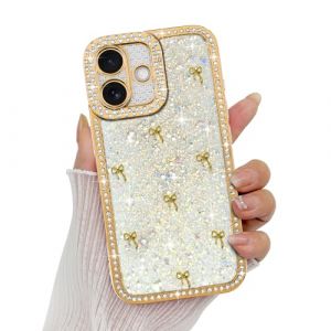 Wirvyuer Compatible avec iPhone 16 Coque Glitter Luxe Brillant Housse avec Cristal Diamant pour Femme Fille Bling Strass Coque avec 3D Nœuds Case pour iPhone 16 Or (meijiehua, neuf)
