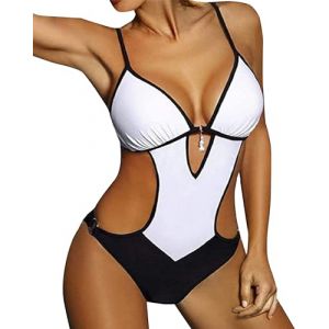 JFAN Maillot de Bain Femme 1 Pieces Sexy String Col V Halter Monokini Plage Bikini Lace Up Imprimé Maillot Une pièce rembourré Push-up Bikini Trikini Beachwear Été,Blanc-L (JFan, neuf)