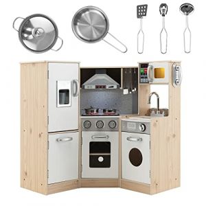 DREAMADE Cuisine Enfant de 3+ Ans, avec Micro-Ondes, Cuisini&egrave;re, T&eacute;l&eacute;phone, Cuisine en Bois avec 5 Accessoires, &Eacute;quip&eacute; Sonore et Lumineuse, (Blanc + Naturel) (DREAMADE, neuf)