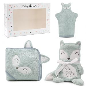 BABYKAJO - Ensemble de 3 cadeaux de naissance - Couverture pour bébé + Serviette à capuche + Gant de toilette pour bébé - La couverture pour bébé se transforme en peluche roulée - cadeau naissance (Jobo-Shop, neuf)