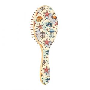 Brosse à cheveux en bois pour femme - Motif mer avec volant, crabe, perle, étoile de mer, crevettes, aqualung, méduse, poisson (huangxiaoyann, neuf)