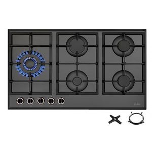 Phönix PG-901LT Plaque de cuisson à gaz encastrée en verre 5 plaques de cuisson autoalimentées (plaque de cuisson à gaz autoportante/encastrée) avec embout WOK + croix de cuisinière à gaz (A-M-Shop, neuf)