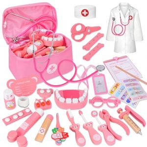 BBWELL Malette Docteur Enfant,Jouet Fille 3 Ans 46 Pi&egrave;ces Kit de M&eacute;decin Jouets D&eacute;guisement de Docteur avec St&eacute;thoscope Fonctionnel, Compl&egrave;tes et Sac de Rangement,Cadeau Enfant 3 Ans en Bois - Rose (STORE LA PORTA GIUSEPPA S.R.L., neuf)